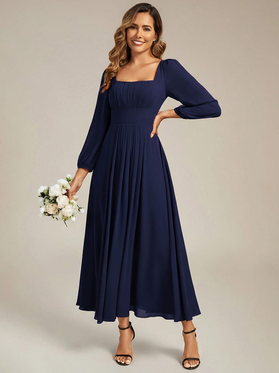 See-through Chiffon Lantern Sleeve Bridesmaid Dress #color_Navy Blue