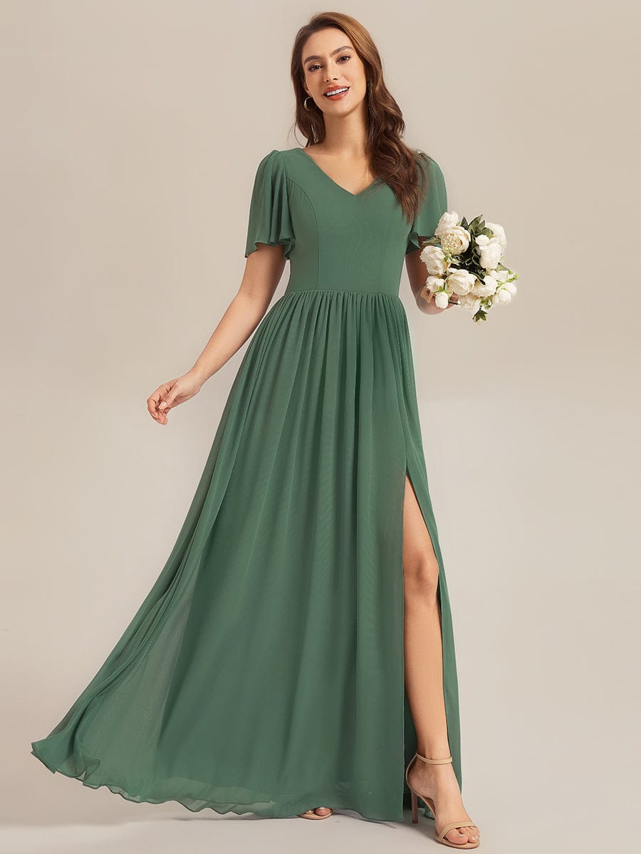 Tie-Front Chiffon Ruffle Sleeve Bridesmaid Dress #color_Eucalyptus Green