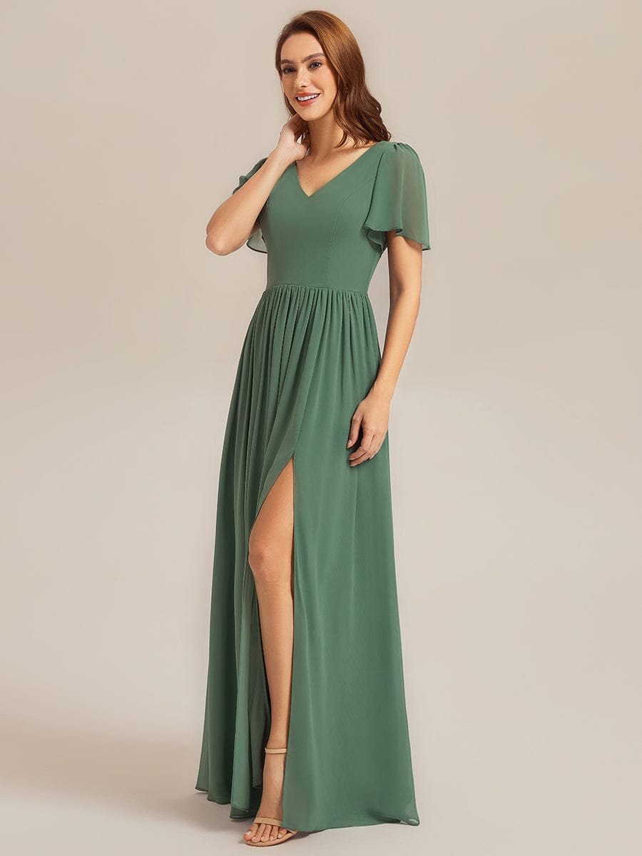 Tie-Front Chiffon Ruffle Sleeve Bridesmaid Dress #color_Eucalyptus Green