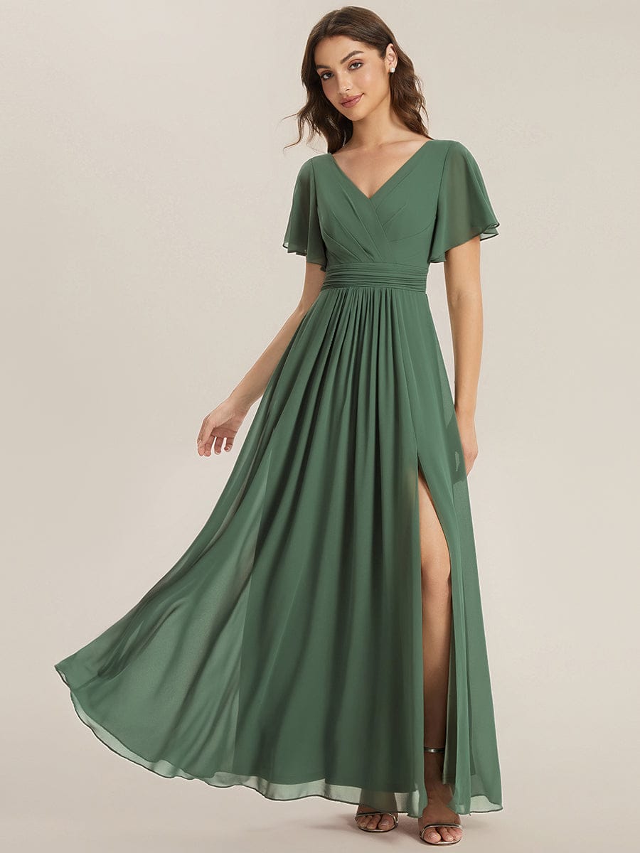 Applique Chiffon Ruffle Sleeve Dress #color_Eucalyptus Green