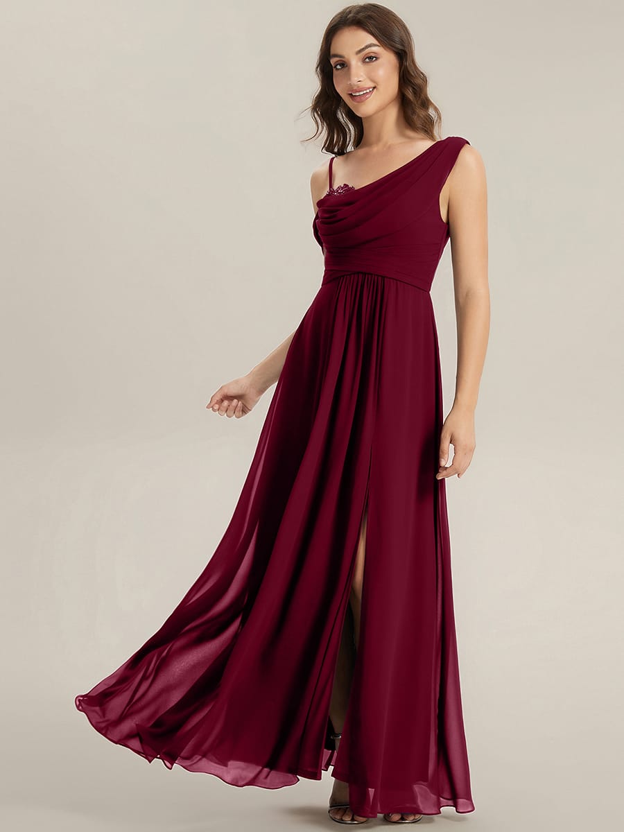 Thigh-High Slit Chiffon Sleeveless Dress #color_Burgundy
