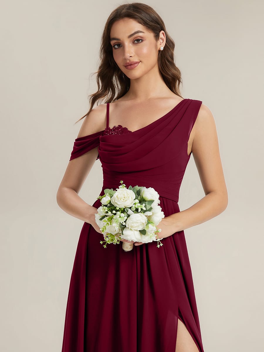 Thigh-High Slit Chiffon Sleeveless Dress #color_Burgundy