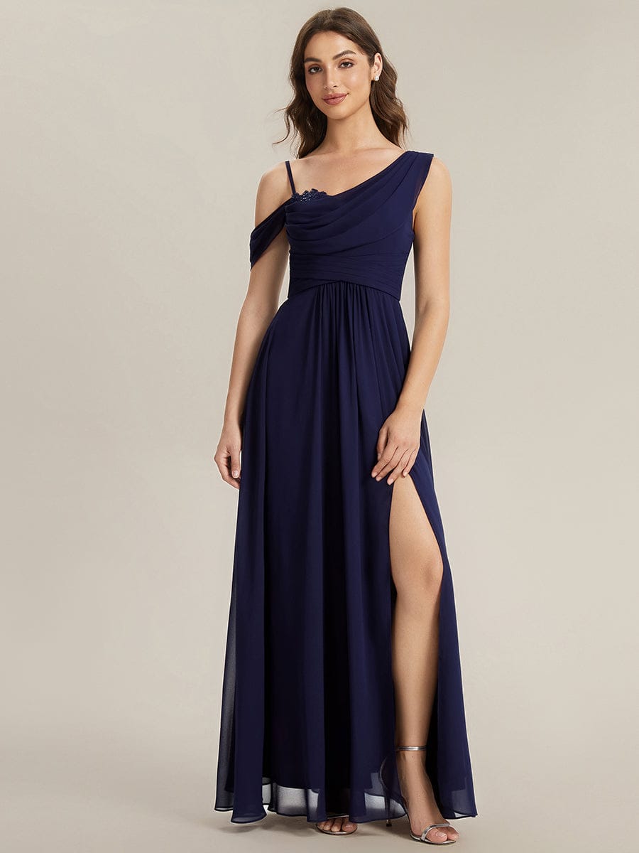 Thigh-High Slit Chiffon Sleeveless Dress #color_Navy Blue