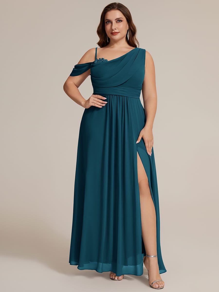 Thigh-High Slit Chiffon Sleeveless Dress #color_Teal Blue