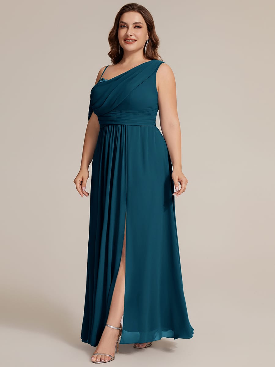 Thigh-High Slit Chiffon Sleeveless Dress #color_Teal Blue
