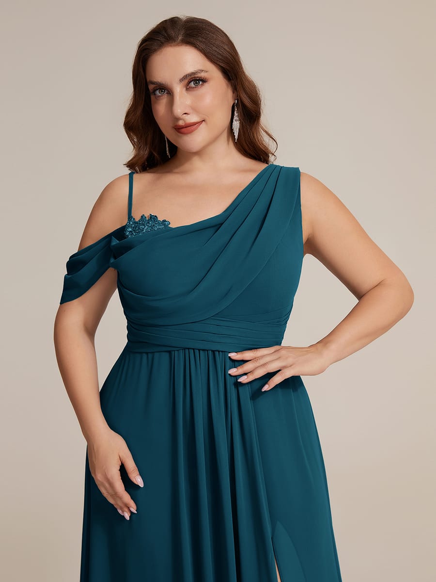 Thigh-High Slit Chiffon Sleeveless Dress #color_Teal Blue