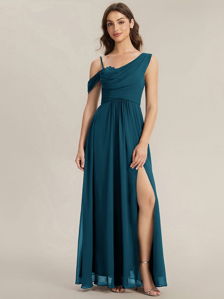 Thigh-High Slit Chiffon Sleeveless Dress #color_Teal Blue