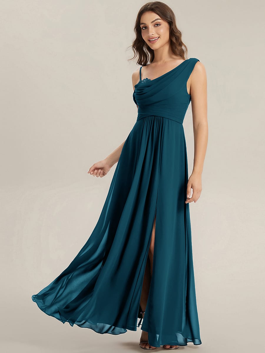 Thigh-High Slit Chiffon Sleeveless Dress #color_Teal Blue