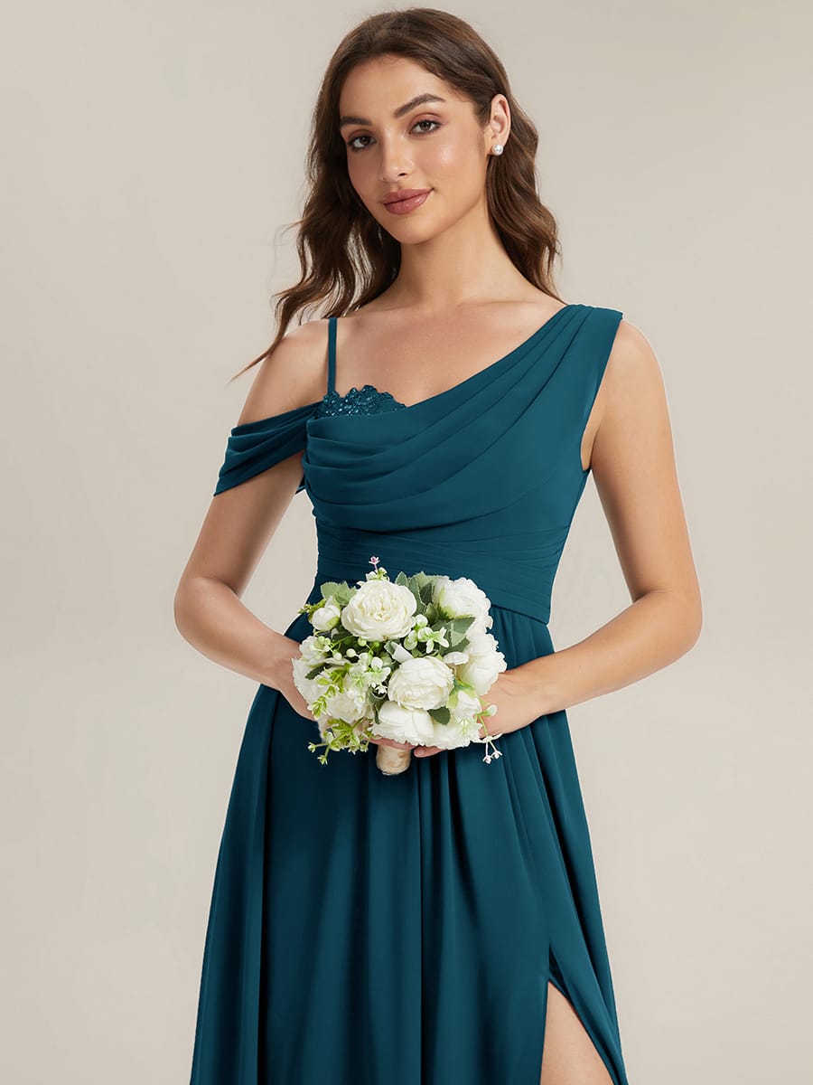 Thigh-High Slit Chiffon Sleeveless Dress #color_Teal Blue