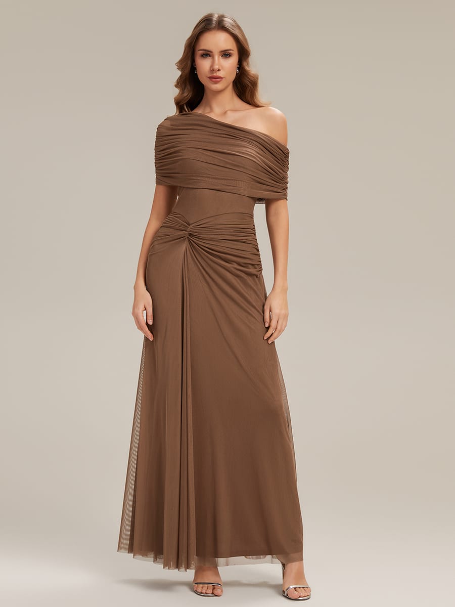 Knotted Mesh Drop Shoulder Sleeve Dress #Color_Brown