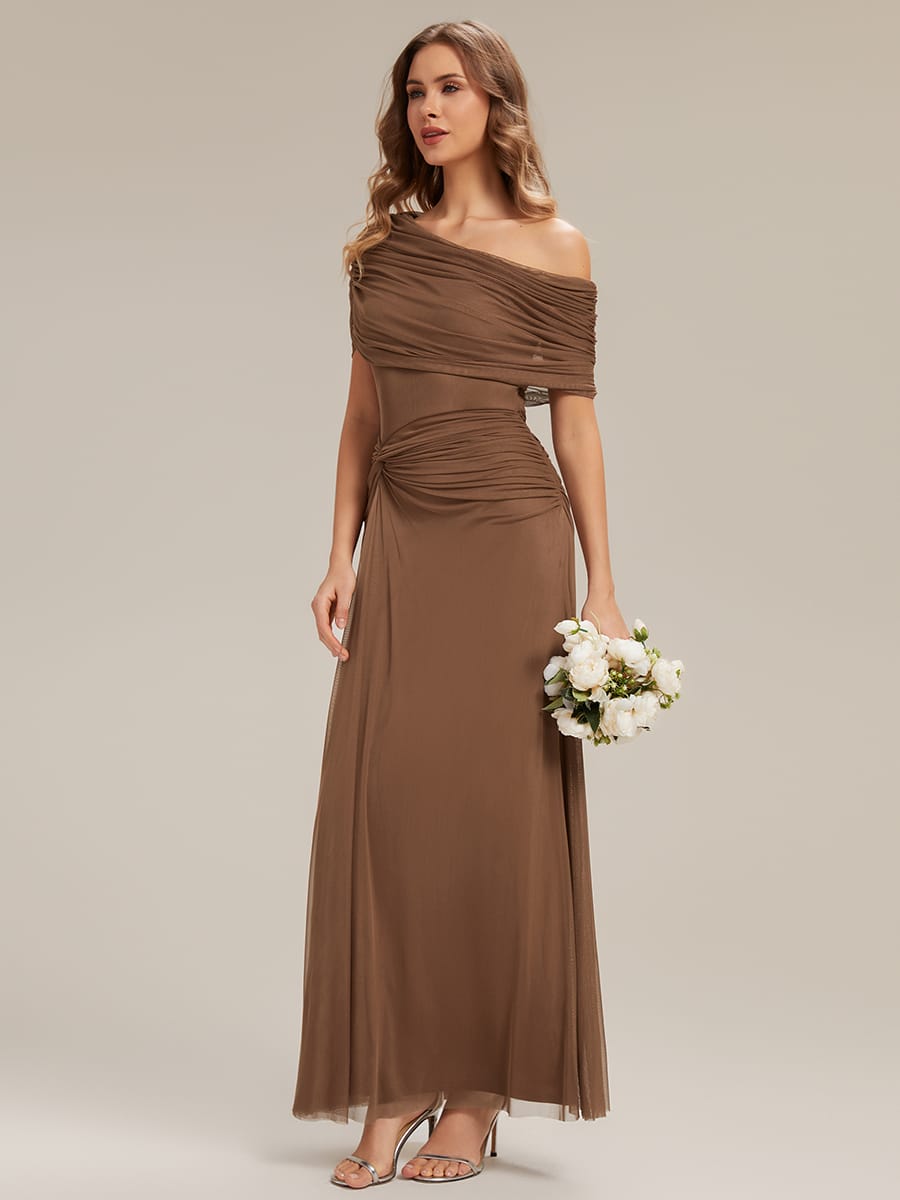 Knotted Mesh Drop Shoulder Sleeve Dress #Color_Brown