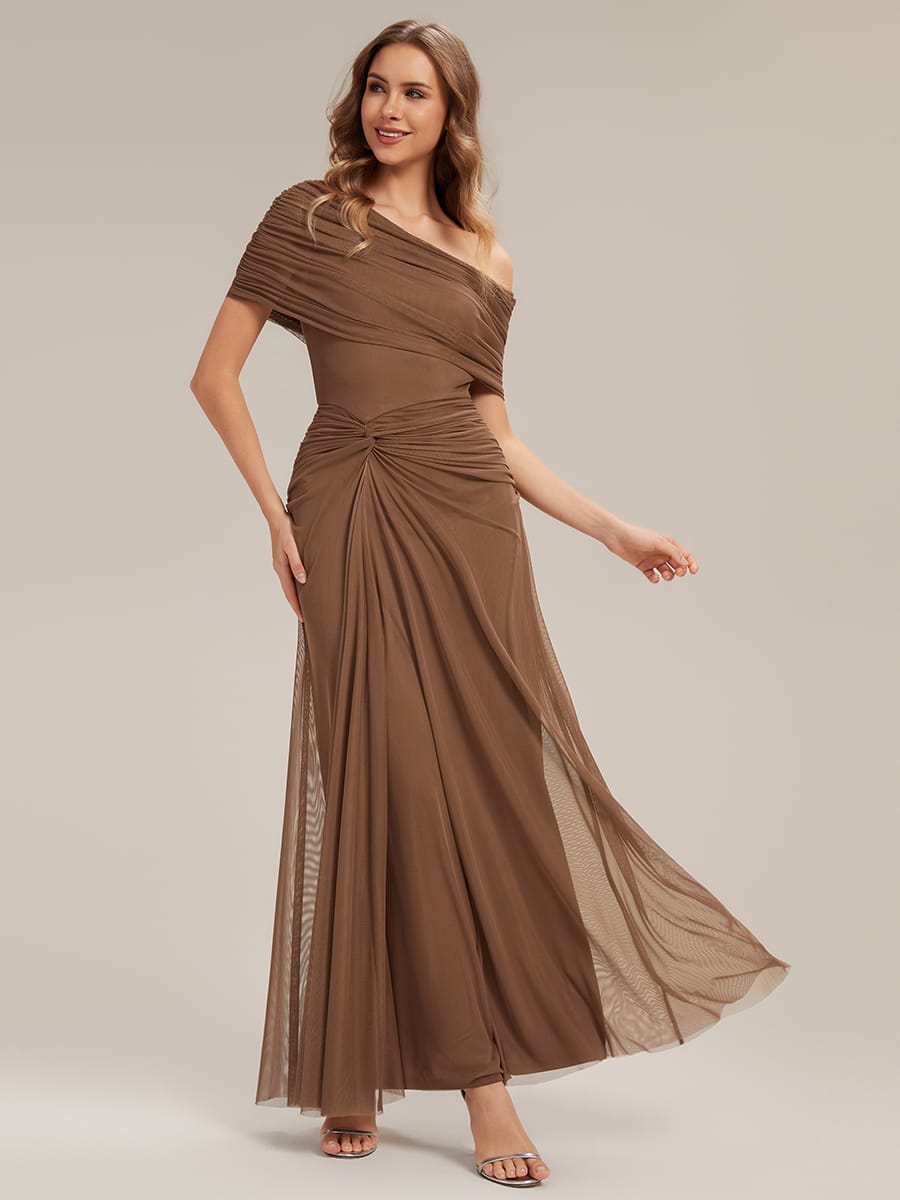 Knotted Mesh Drop Shoulder Sleeve Dress #Color_Brown