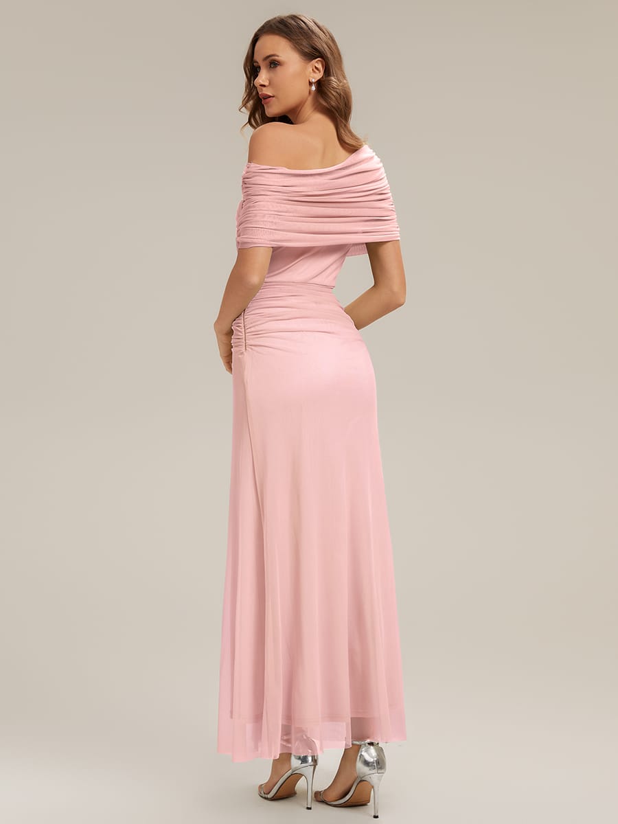 Knotted Mesh Drop Shoulder Sleeve Dress #Color_Pink