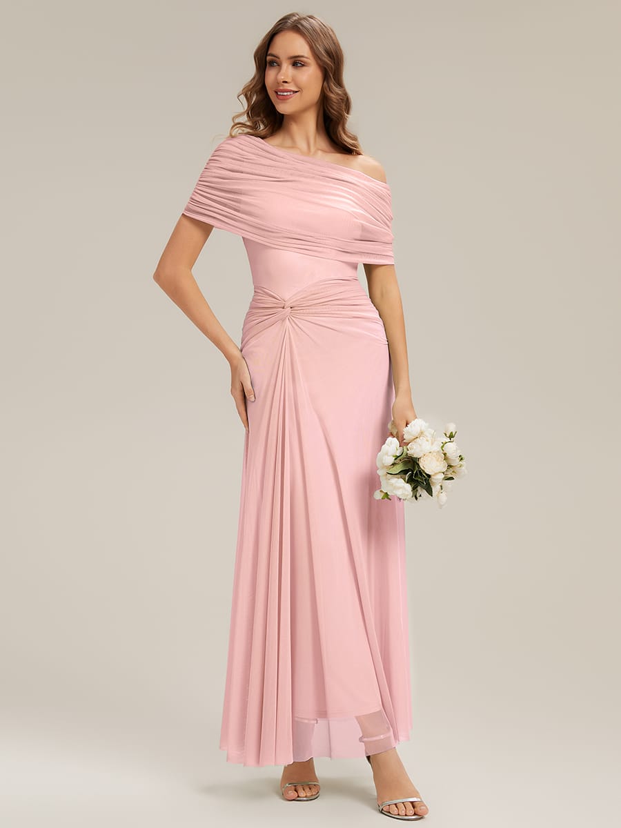 Knotted Mesh Drop Shoulder Sleeve Dress #Color_Pink