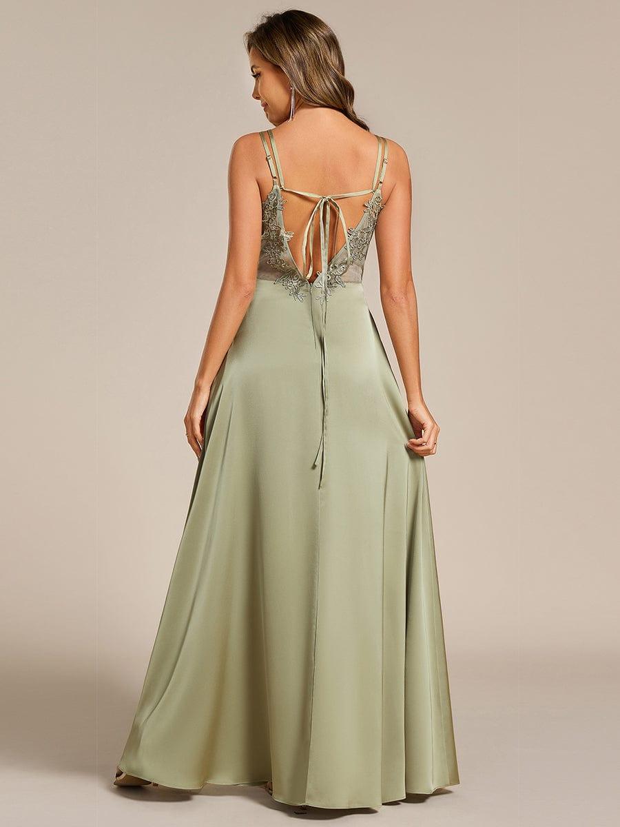 Multiway Spaghetti Straps Backless Satin Bridesmaid Dress With Embellished Applique #color_Sage Green