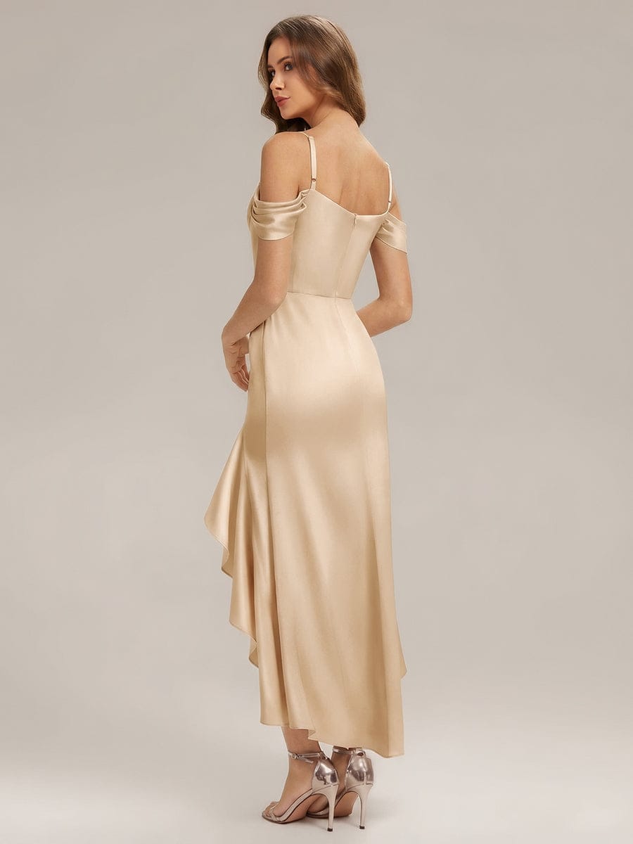 Ruffled Satin Drop Shoulder Sleeve Dress #color_Champagne