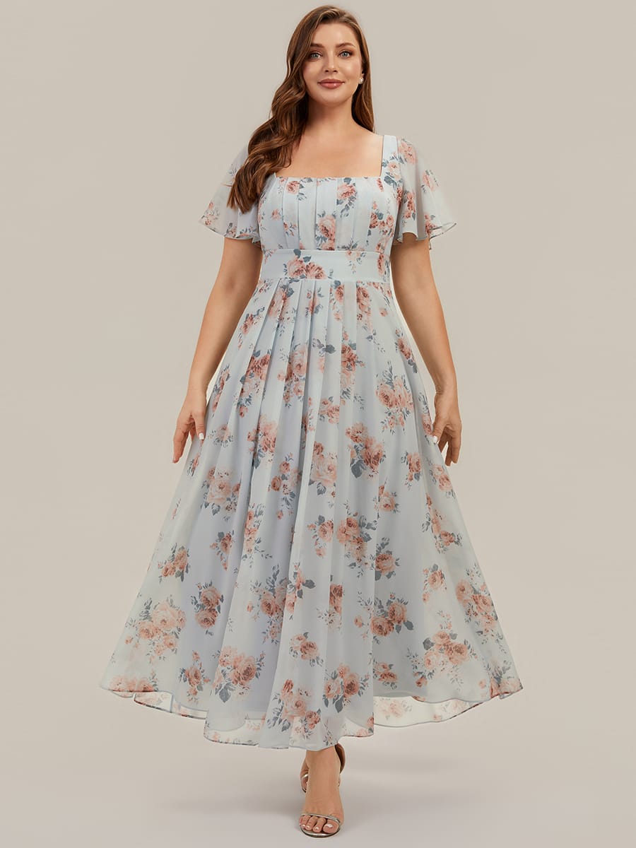 Ruched Chiffon Ruffle Sleeve Dress #color_Amber Bloom