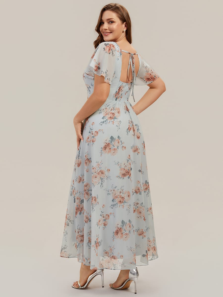 Ruched Chiffon Ruffle Sleeve Dress #color_Amber Bloom