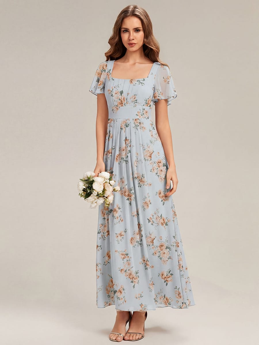 Ruched Chiffon Ruffle Sleeve Dress #color_Amber Bloom