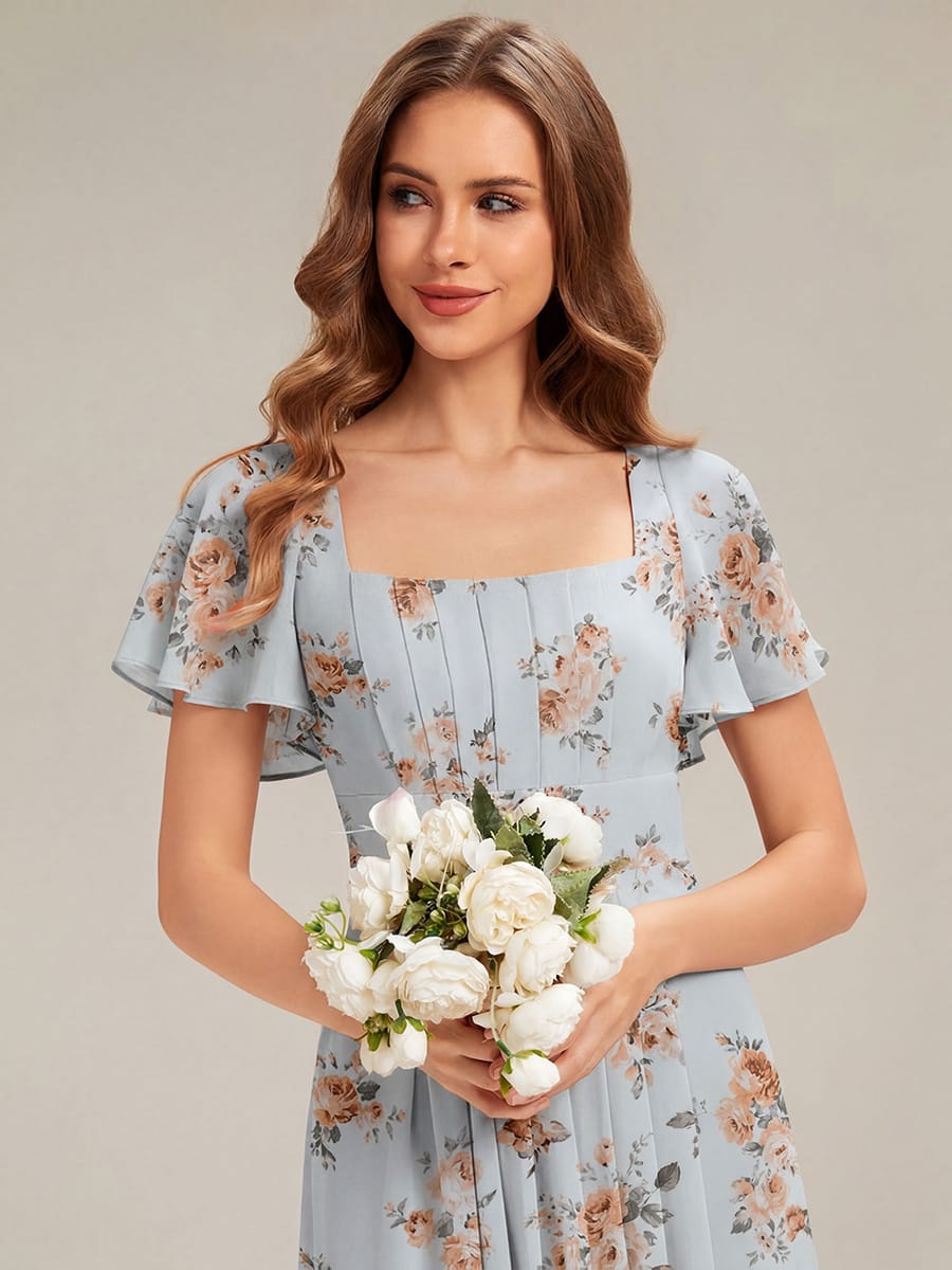 Ruched Chiffon Ruffle Sleeve Dress #color_Amber Bloom