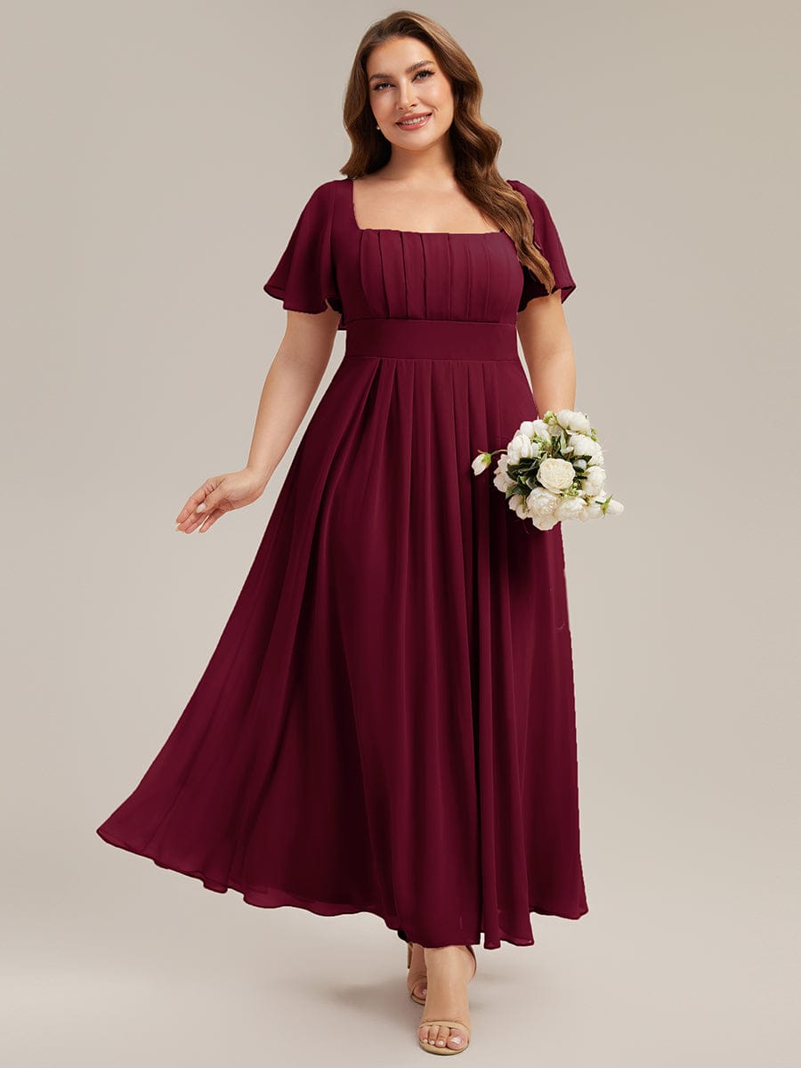 Ruched Chiffon Ruffle Sleeve Dress #color_Burgundy