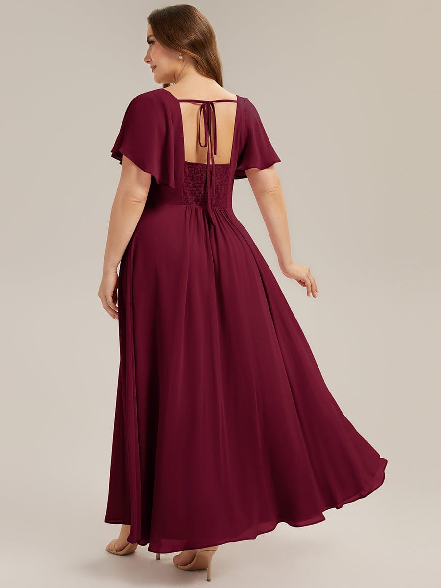 Ruched Chiffon Ruffle Sleeve Dress #color_Burgundy
