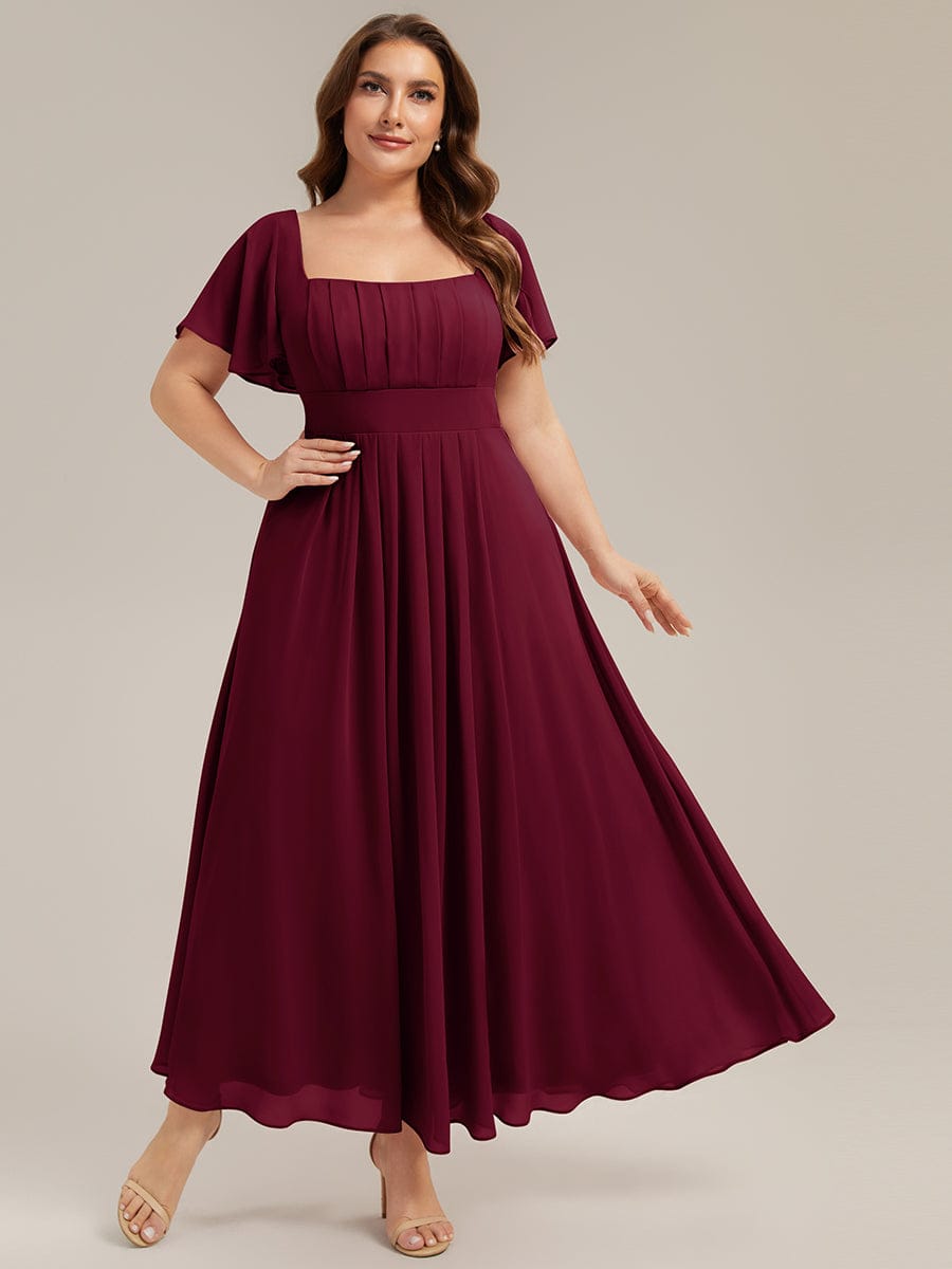 Ruched Chiffon Ruffle Sleeve Dress #color_Burgundy