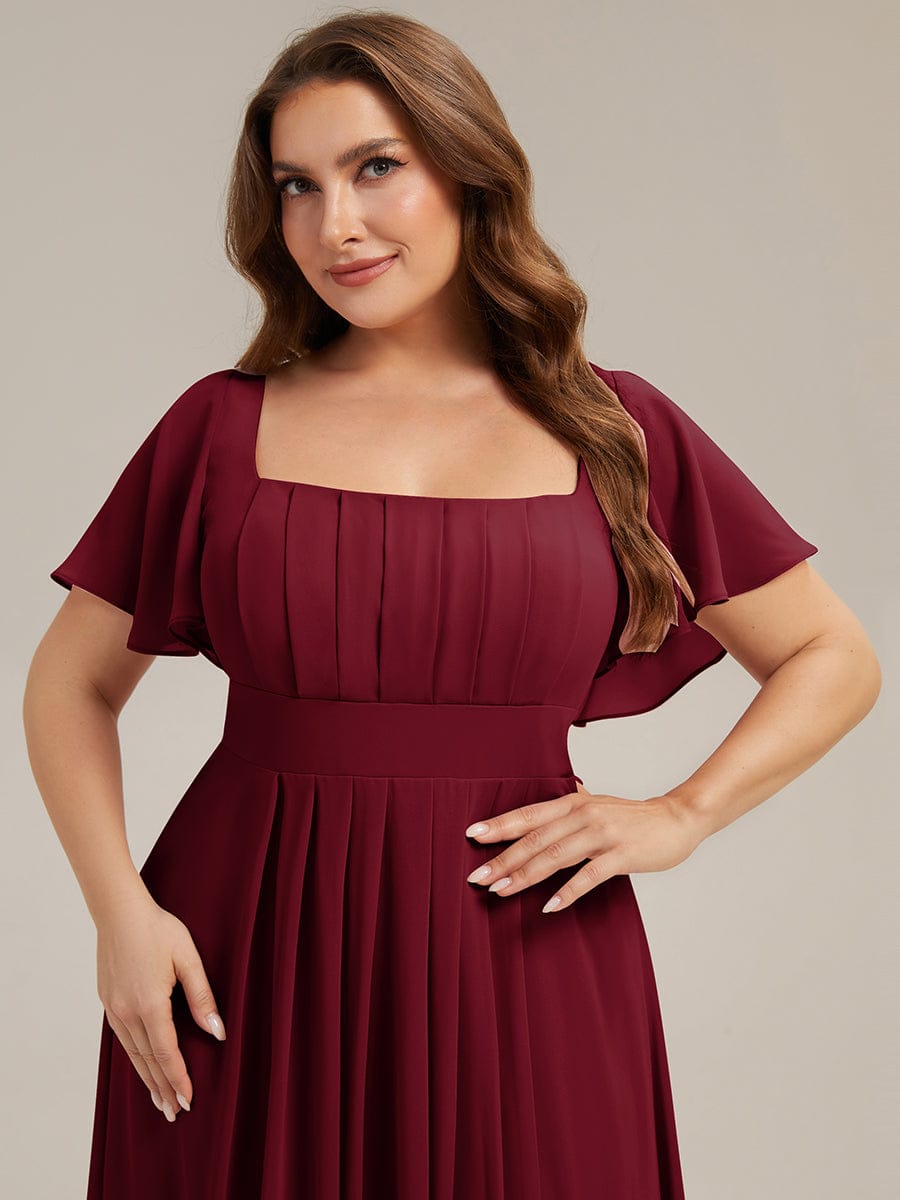Ruched Chiffon Ruffle Sleeve Dress #color_Burgundy