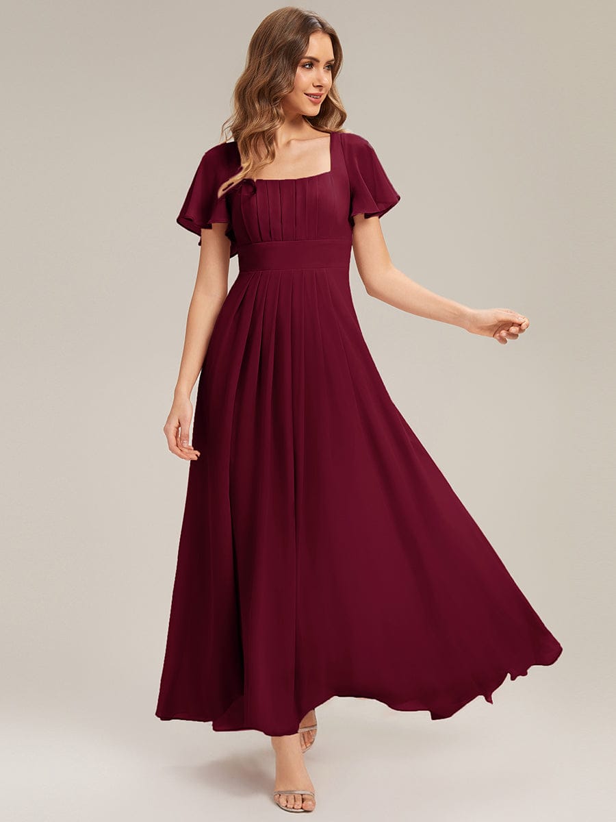 Ruched Chiffon Ruffle Sleeve Dress #color_Burgundy