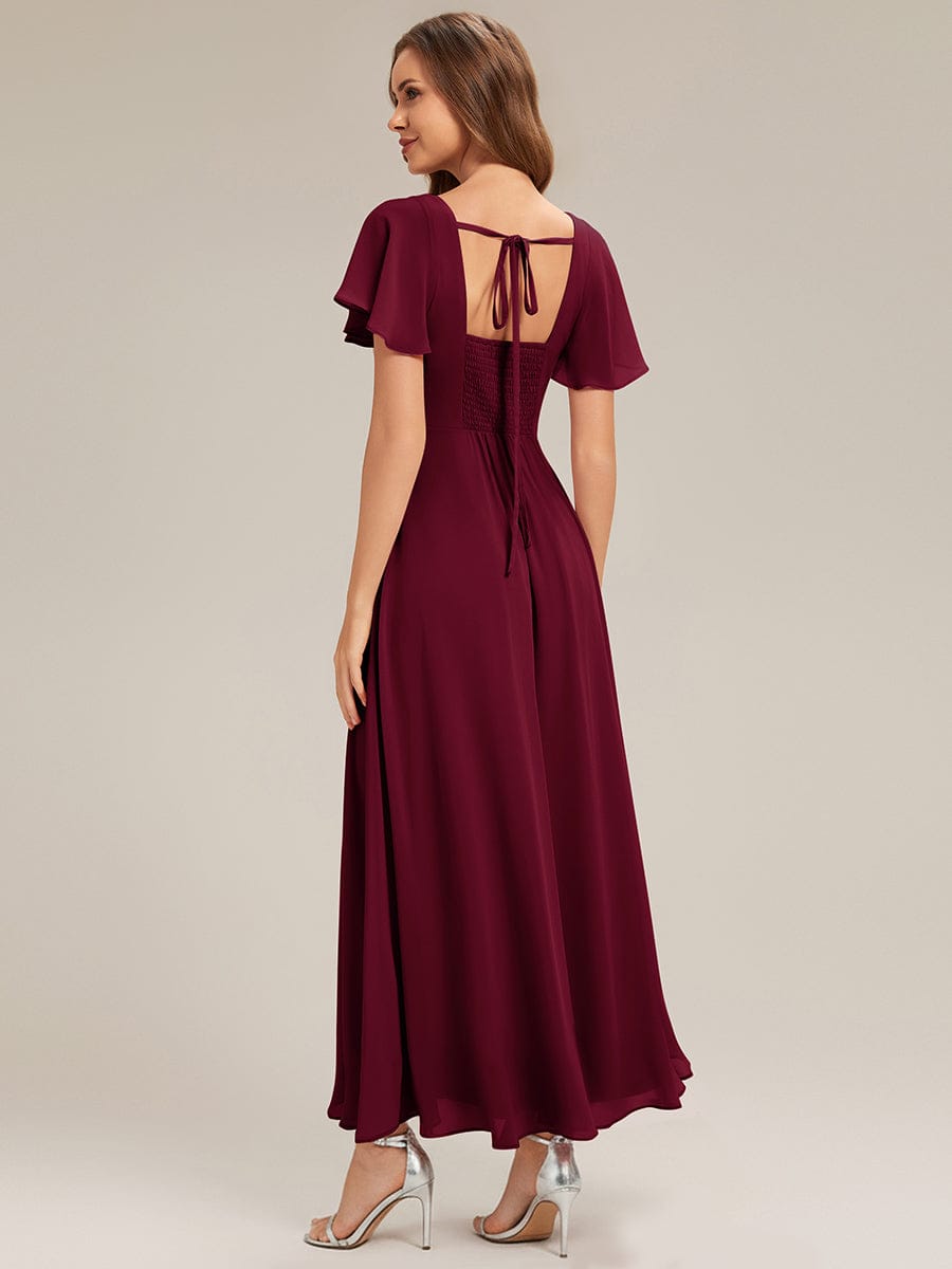 Ruched Chiffon Ruffle Sleeve Dress #color_Burgundy