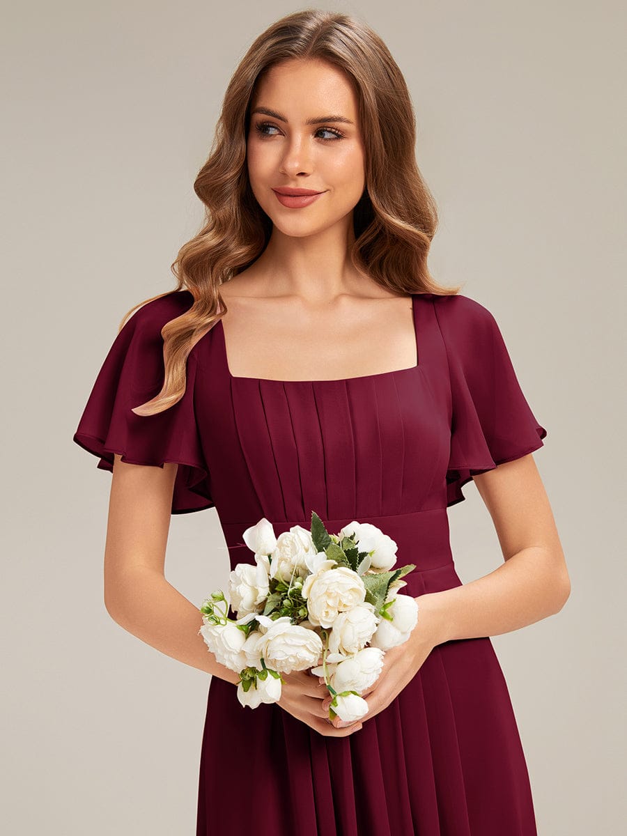 Ruched Chiffon Ruffle Sleeve Dress #color_Burgundy