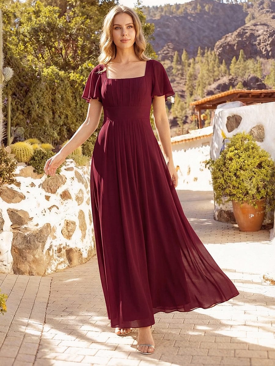 Ruched Chiffon Ruffle Sleeve Dress #color_Burgundy