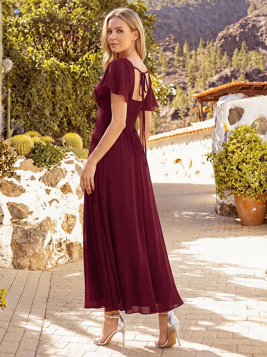 Ruched Chiffon Ruffle Sleeve Dress #color_Burgundy