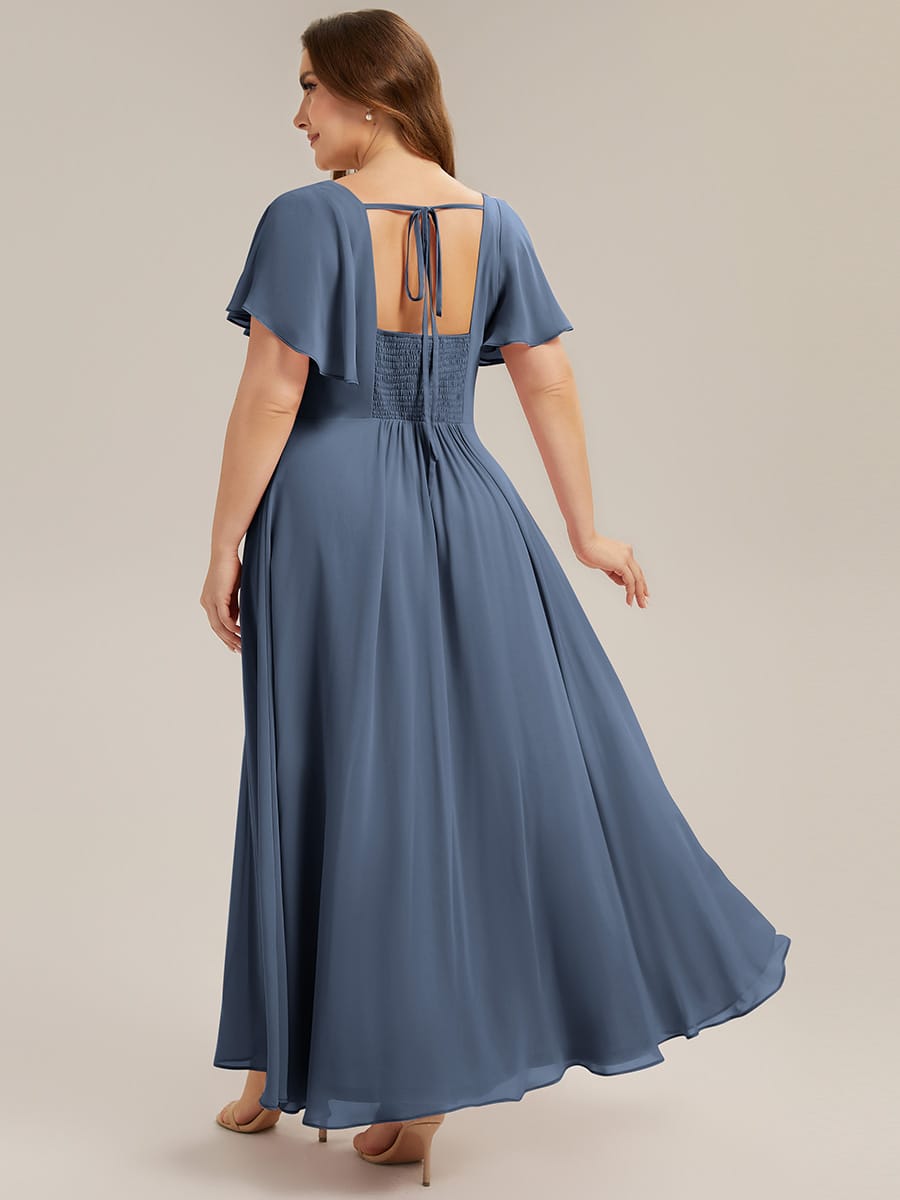 Ruched Chiffon Ruffle Sleeve Dress #color_Dusty Blue