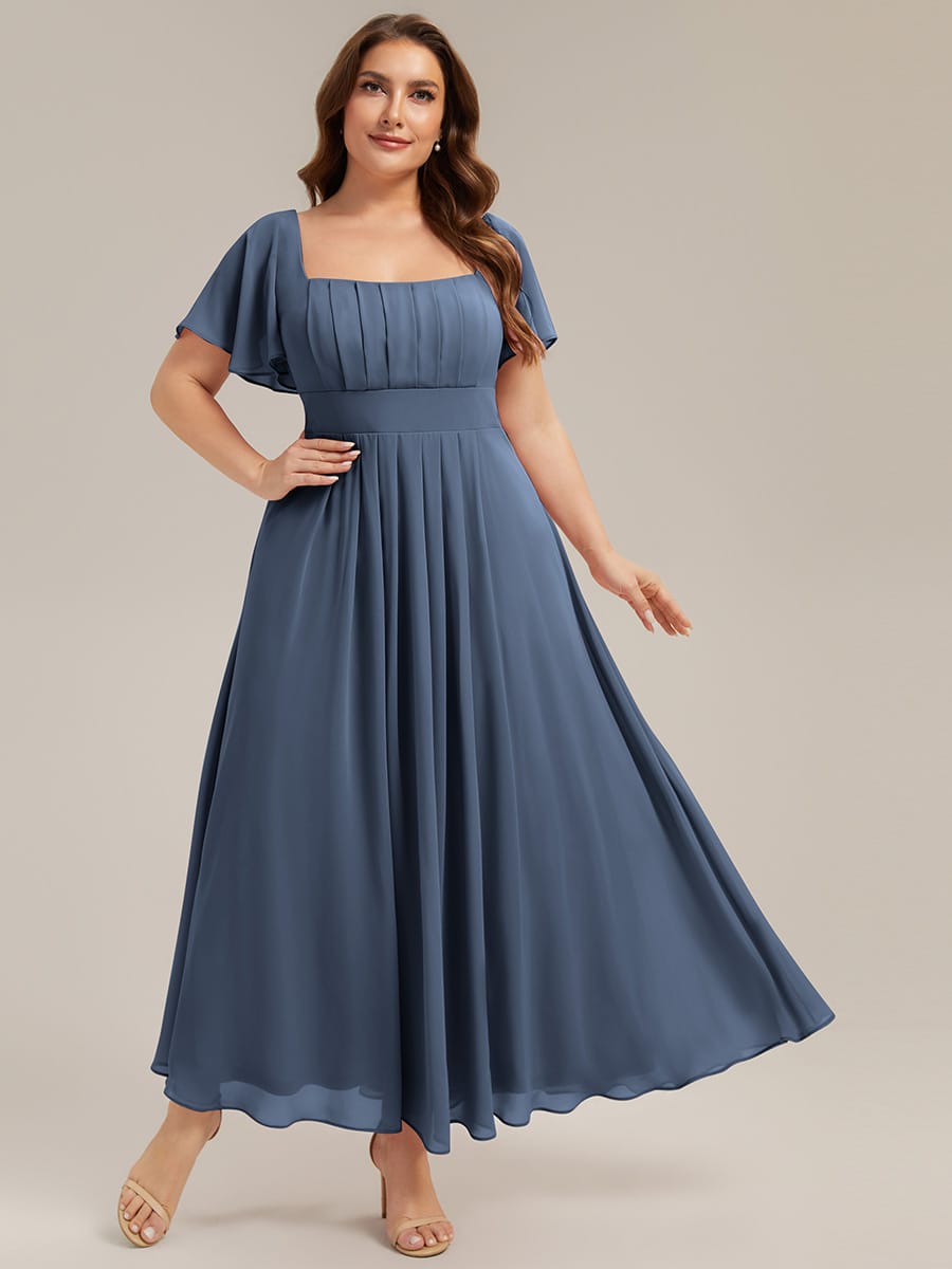 Ruched Chiffon Ruffle Sleeve Dress #color_Dusty Blue