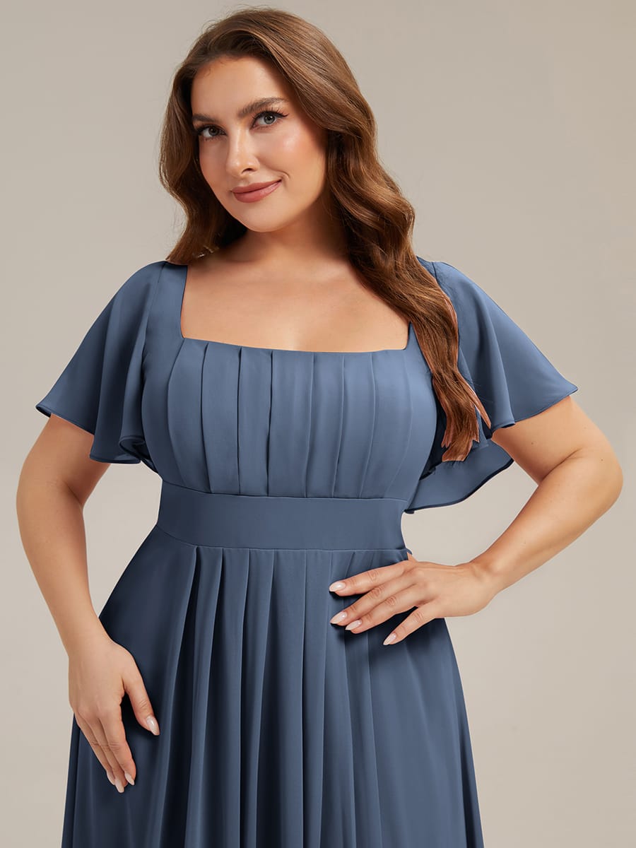Ruched Chiffon Ruffle Sleeve Dress #color_Dusty Blue