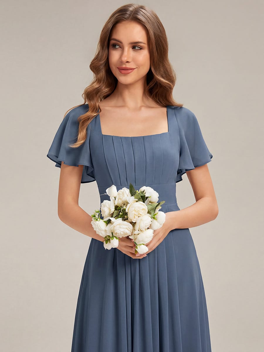Ruched Chiffon Ruffle Sleeve Dress #color_Dusty Blue