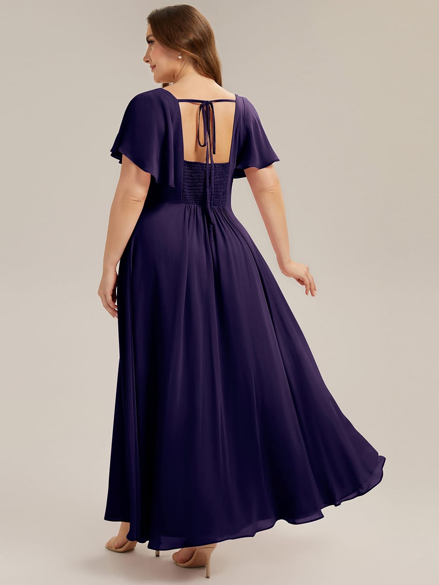 Ruched Chiffon Ruffle Sleeve Dress #color_Dark Purple