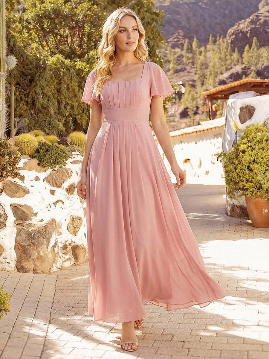 Ruched Chiffon Ruffle Sleeve Dress #color_Dusty Rose