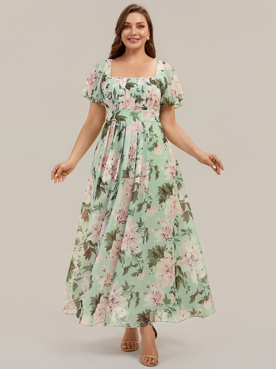Ruched Chiffon Ruffle Sleeve Dress #color_Light Green Floral