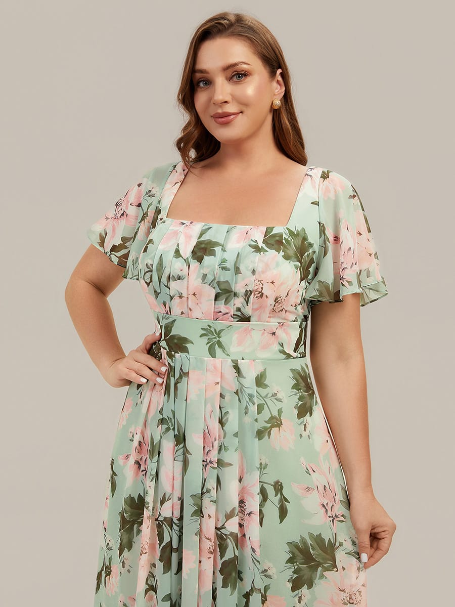Ruched Chiffon Ruffle Sleeve Dress #color_Light Green Floral