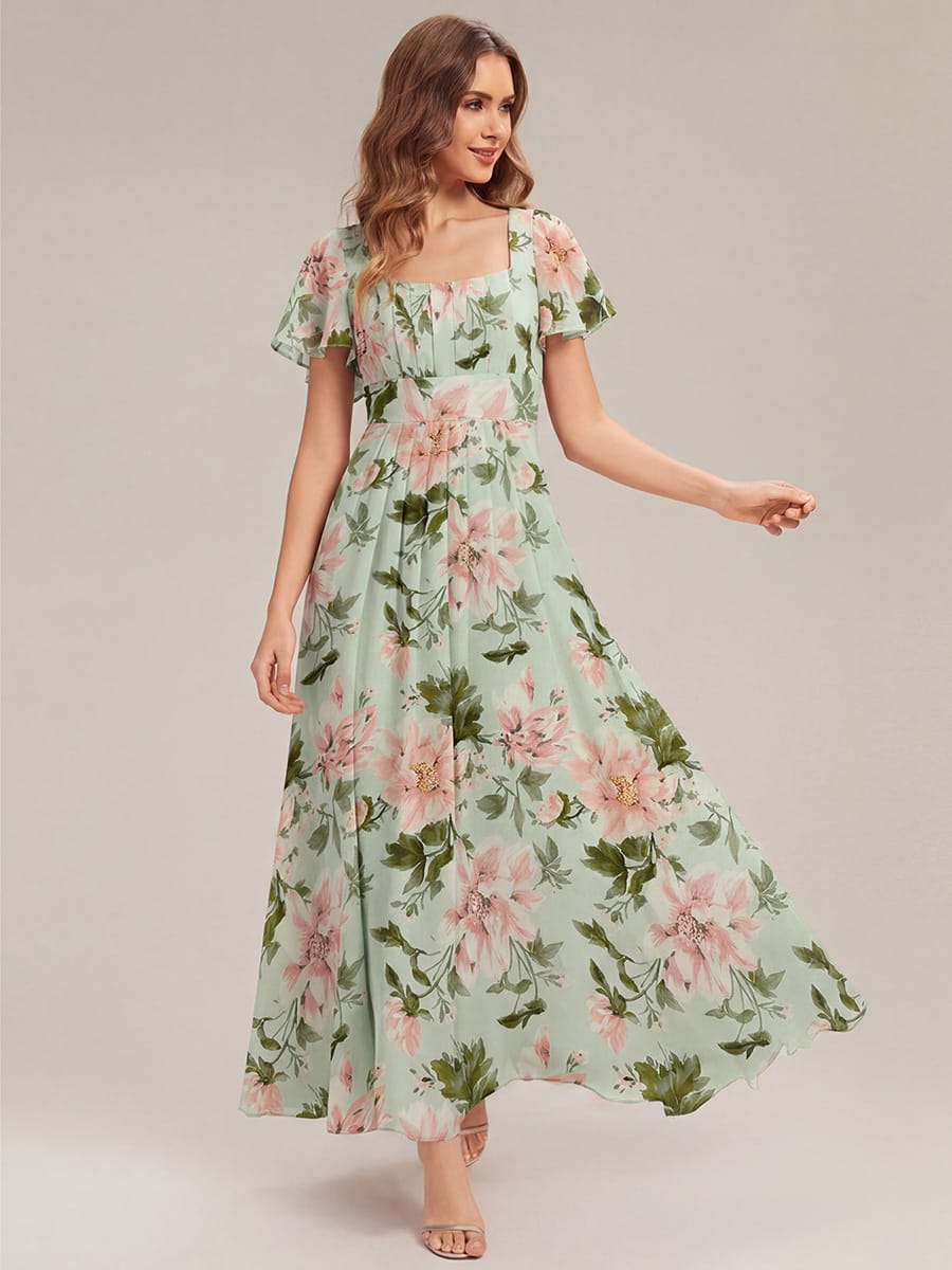 Ruched Chiffon Ruffle Sleeve Dress #color_Light Green Floral