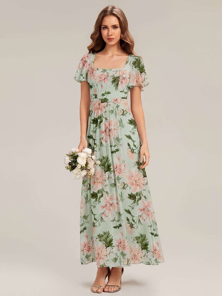 Ruched Chiffon Ruffle Sleeve Dress #color_Light Green Floral