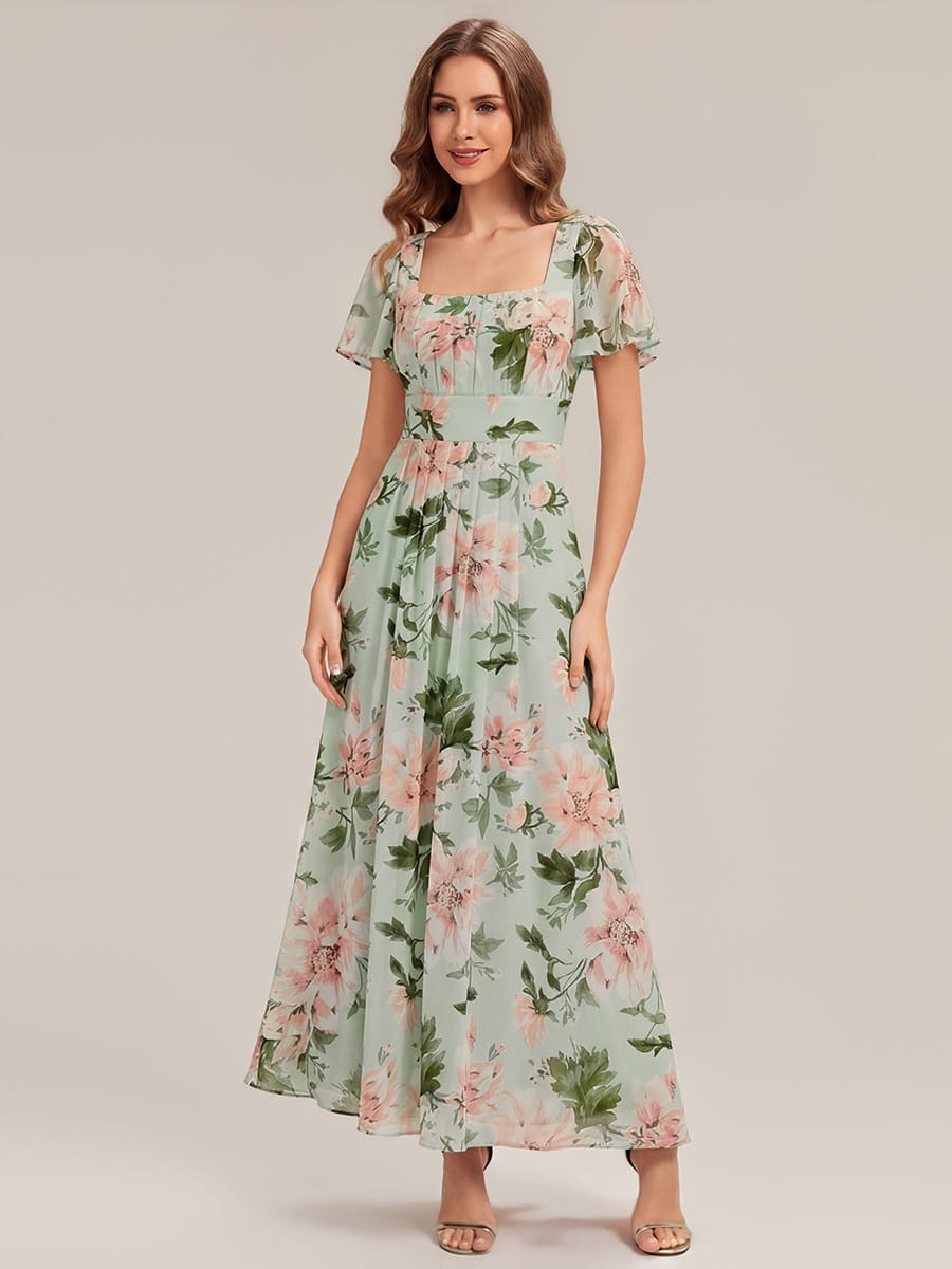 Ruched Chiffon Ruffle Sleeve Dress #color_Light Green Floral