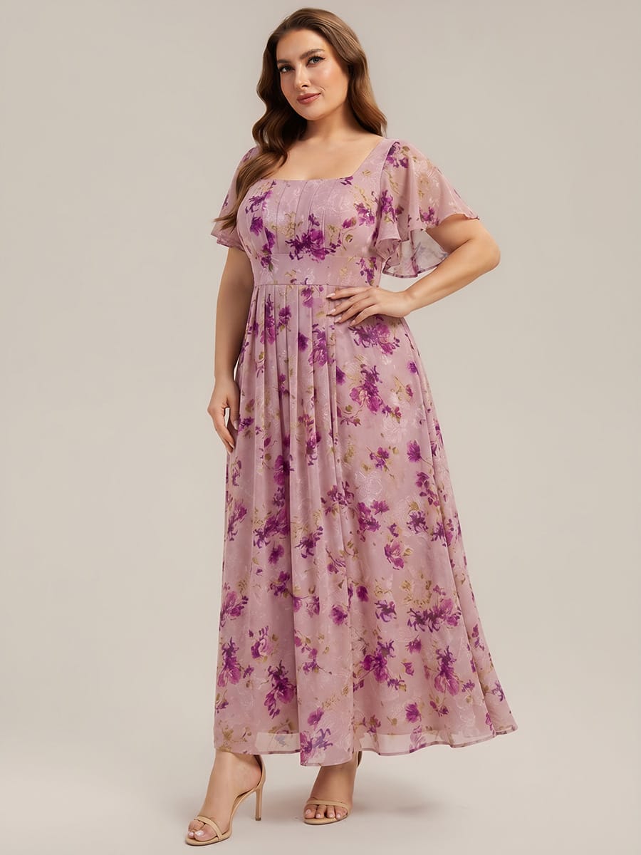 Ruched Chiffon Ruffle Sleeve Dress #color_Light Purple Print