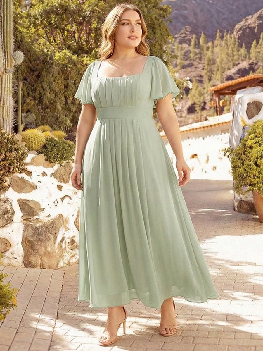 Ruched Chiffon Ruffle Sleeve Dress #color_Mint Green