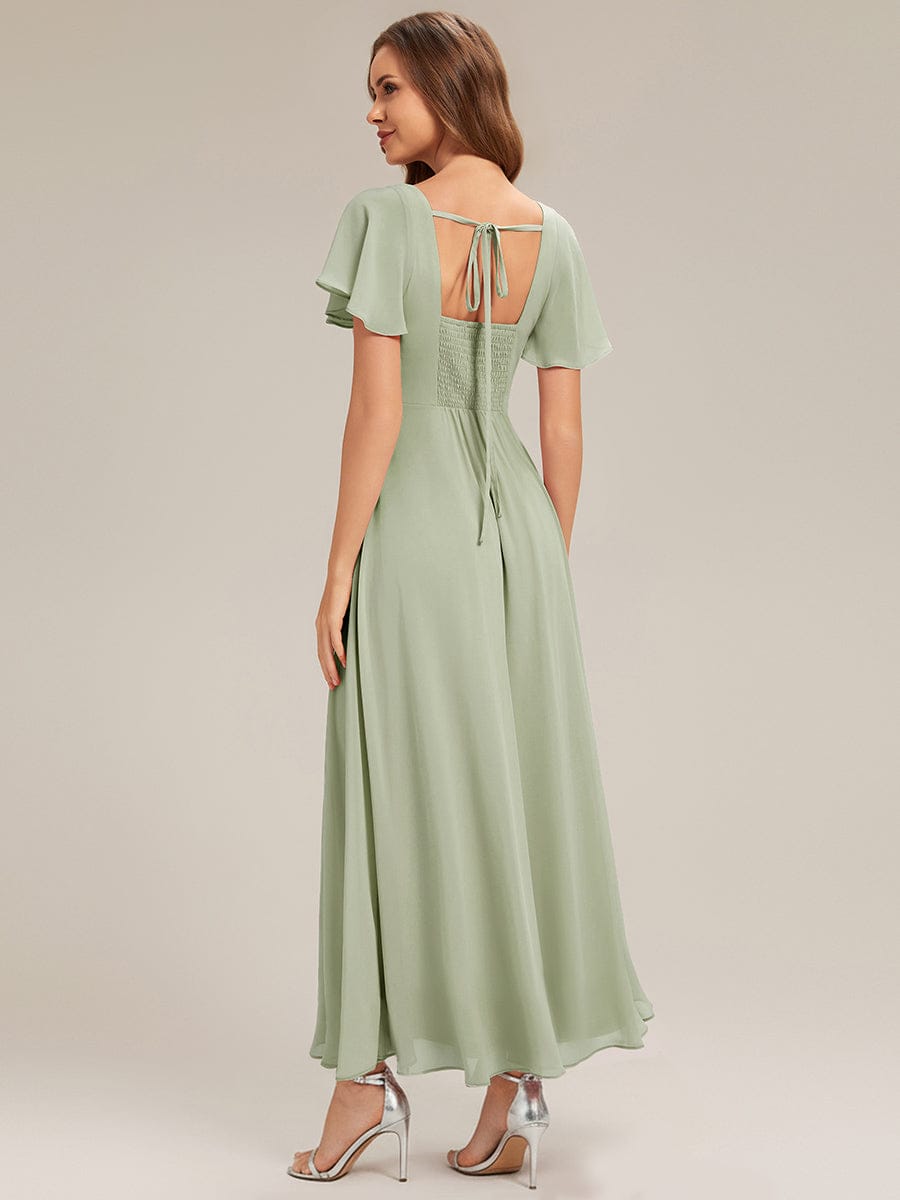 Ruched Chiffon Ruffle Sleeve Dress #color_Mint Green