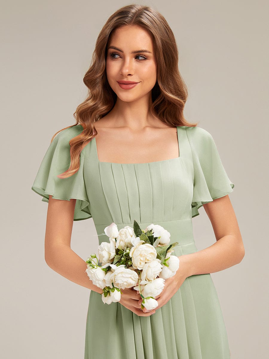 Ruched Chiffon Ruffle Sleeve Dress #color_Mint Green