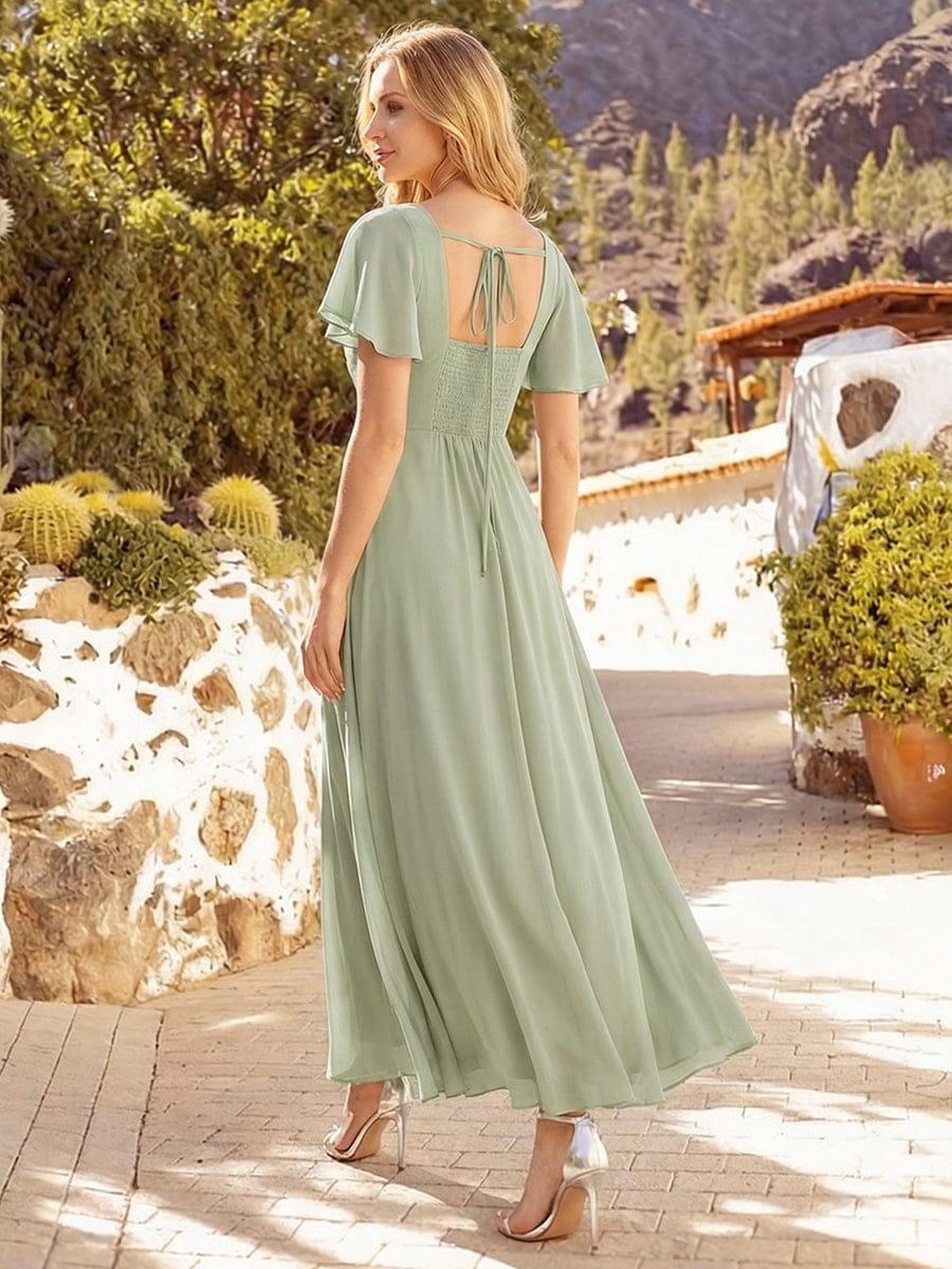 Ruched Chiffon Ruffle Sleeve Dress #color_Mint Green
