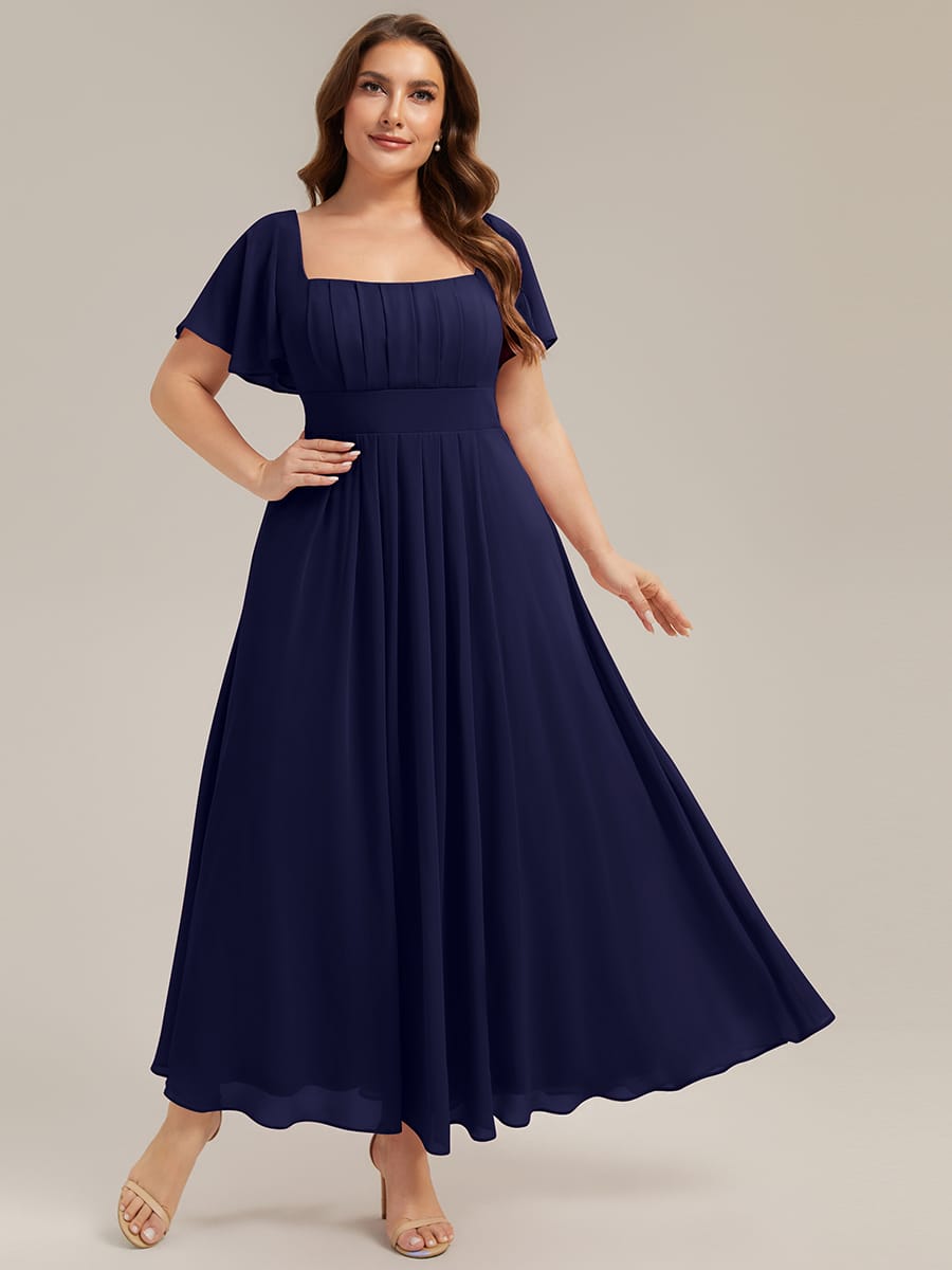 Ruched Chiffon Ruffle Sleeve Dress #color_Navy Blue